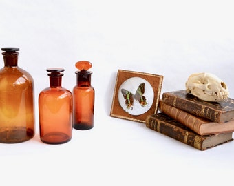 Apothecary pharmacy bottles old bottles Cap Emery vials amber glass set of 3