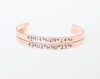 Personalized Coordinate Bracelet // Custom Coordinates + Friendship Bracelet + Copper Bracelet + Home Location Bangle + Mantra + Best Friend