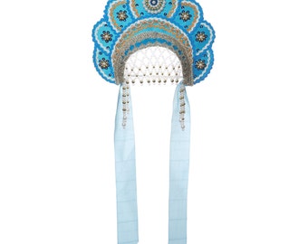 Russian Traditional Folk Costume - Headdress Kokoshnik "Elena" light blue #515