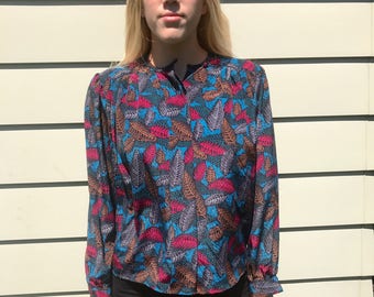 Vintage 80s Colorful Feather Print Blouse by Anna Kriste Petites