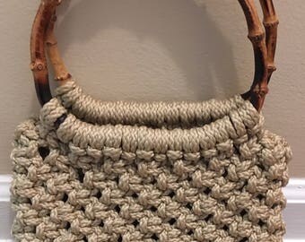 Cool Vintage Macrame Bag with Bamboo Handles