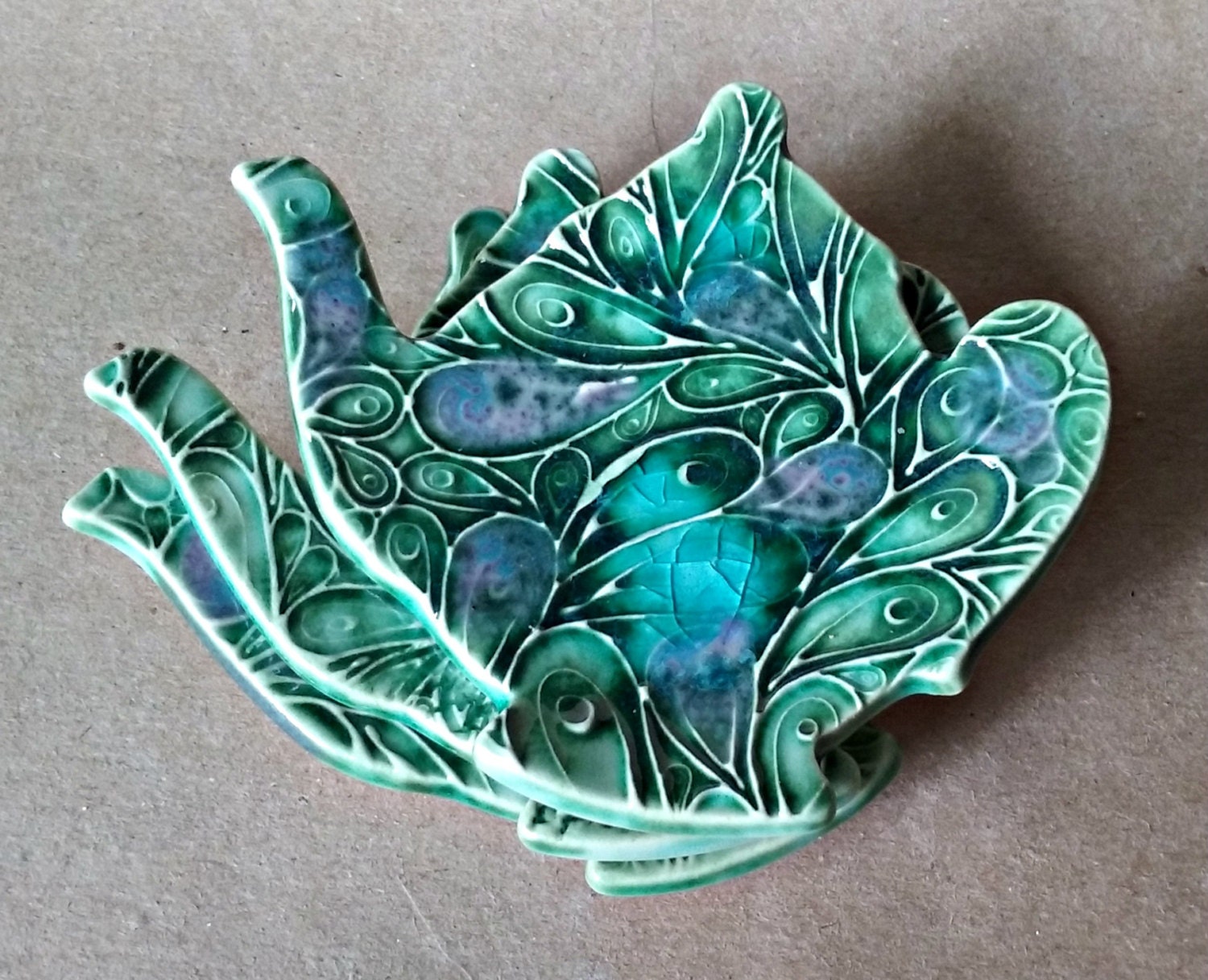 THREE Ceramic Teapot Tea bag Holders peacock green