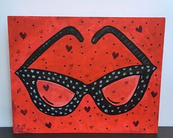 Cat Eye Glasses Painting - Retro Art - Cat's Eyeglasses Art - Original Mixed Media Painting - Red and Black Wall Art Decor