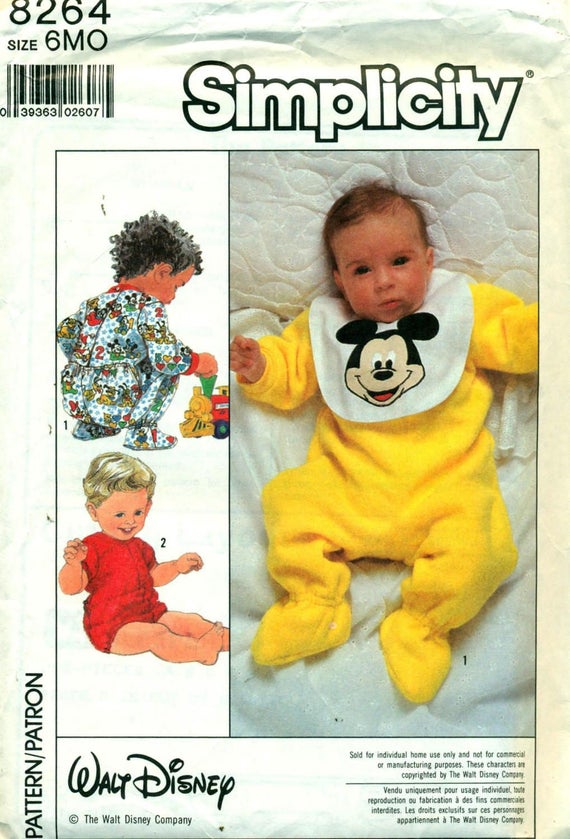 Simplicity 8264 Baby Footed Sleeper MICKEY MOUSE BIB Applique Transfer  ©1987