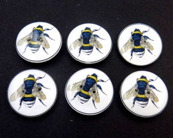 6 Handmade Buttons Bee Buttons. Black and Yellow Bee buttons for Sewing, Knitting, Crochet and Scrap Booking.