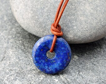 lapis lazuli pendant on leather cord, mens round lapis pendant, mens lapis donut necklace, May birthstone, round blue lapis lazuli necklace