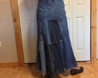 Long Denim Maxi Skirt/Blue Jean Skirt/Mermaid Skirt/Stretch Denim/Recycled Jeans/Upcycled Denim/Repurposed/Womens Size Large/Size 14-16