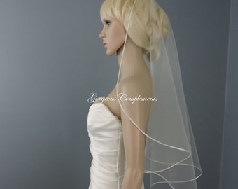 Sweetness -Single Tier Satin Rattail Edge Wedding Veil Cascade 33" Waist Length, Bridal Veil