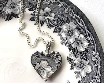 Broken china jewelry antique black and white English transferware heart pendant necklace recycled china