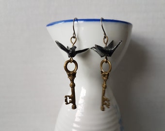 Origami earrings black paper crane with bronze charms eco-friendly jewelry