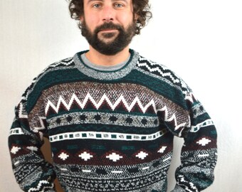 Vintage 80s 90s Rainbow Striped Geometric Sweater