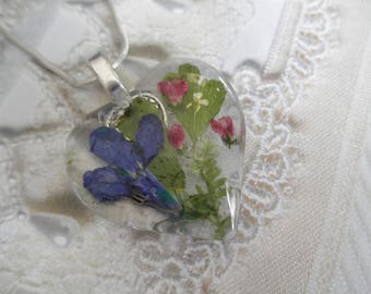 Blue Lobelia,Pink Veronica,Queen Anne's Lace, Ferns Pressed Flower Glass Heart Pendant-Symbolizes Loyalty, Peace, Faithfulness-Nature's Art