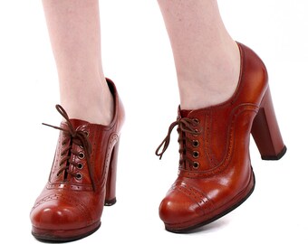 Vintage 70s Rust Lace Up Platform Spectator Shoes UK 3.5