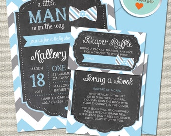 Bow Tie Baby Shower Invitation, Bow Tie Invitation, Bow Tie, Blue, Gray, Chevron (LM) | Printed
