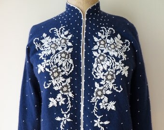Vintage 1950's/Navy Blue Beaded Sweater Large/Navy Beaded Lambswool Sweater/Navy Blue Beaded Cardigan/Large
