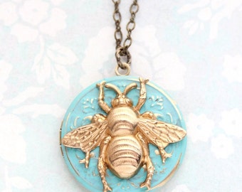 Bee Locket Necklace Raw Gold Brass Aqua Patina Insect Wings Pendant Bumble bee jewelry Picture Photo Locket Honey Bee Lover Summer Garden
