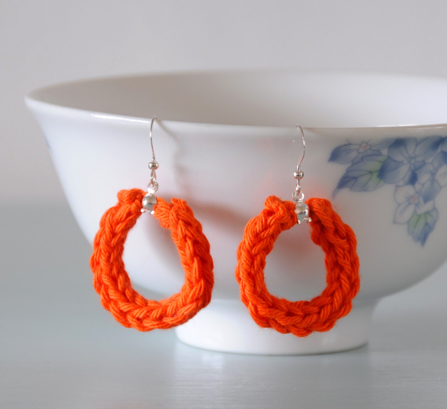 Orange Knitted Earrings Pumpkin Silver Plated Cotton Hoop