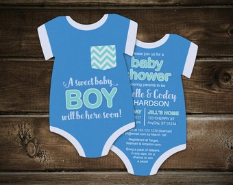 10 Baby Boy Shower Invitations, pocket tshirt invitation, bodysuit invitation, baby blue invite, Die Cut shaped, Double sided in any colors