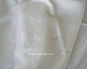 Antique French Linen Damask Banquet Tablecloth With Small Red Cross Stitch Monogram of AA Monogrammed Dining Linens 90 by 63 Inches