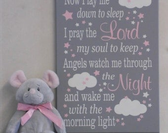 Now I Lay Me Down To Sleep | Christening Baptism Gift Boy or Girl | Baby Room Decor | Pink Gray Child Prayer Sign | Childrens Prayer