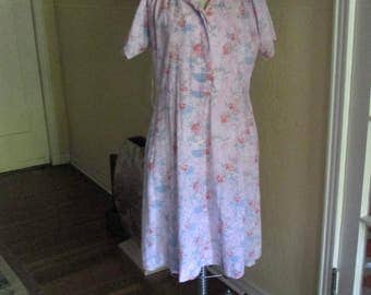 1950s Cotton Floral Dress Large / Vintage Pink Blue White Flower Dress