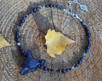 Blue Goldstone star wolf necklace, night sky galaxy necklace, midnight blue sandstone witch necklace, strega werewolf jewelry, dark elf