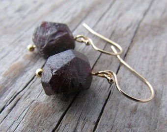 Raw Garnet Earrings, dark red, natural garnet and gold dangle earrings