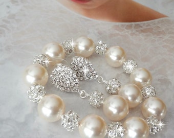 Chunky pearl bracelet and earring set, Swarovski pearls and bracelet, Brides pearl set, Pearl jewelry set, Wedding set, Best seller ~LOLITA