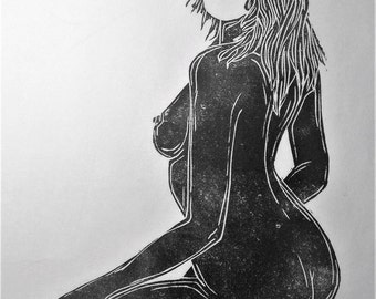 inspiration erotique vintage linogravure imprimé à l'encre à l'huile sur papier de riz " Laurette "