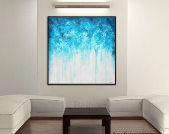 Original painting large art 36 x 36 square abstract oil painting wall art blue contemporary modern art blue white by L.Beiboer