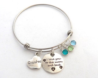 Personalized I love you to the moon and back, Gifts for Grandma, Grandma Bracelet, Grandmother Bracelet, Birthstones Bangle, Mothers Gift