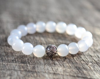 White Agate Bracelet • Gemstone Bracelet • Sterling Silver Heart Bracelet • Beaded Womens / Mens Jewelry • Semi Precious Stones • Gifts