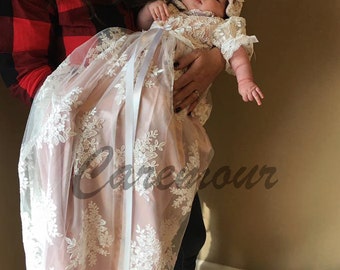 Stunning Alencon Lace Christening Gown, Baptism dress, Girls Christening Gown set with champagne/pink underlay