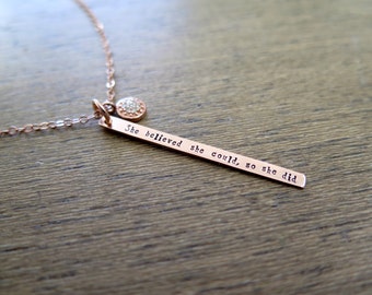 Rose Gold Necklace, Pave Diamond, Graduation Gift, Inspirational Quote, She Believed She Could, So She Did Necklace, Motivational Necklace