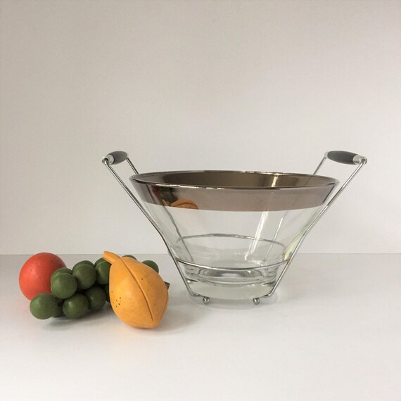Silver Band Salad Bowl Midcentury Modern Glass Bowl 1960s