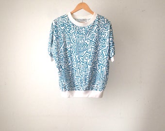 90s KEITH HARING style wild white & teal T-SHIRT