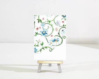 Mini painting, flower pattern, zentangle original art, watercolor with easel, affordable gift under 25, desk art, blue home decor, birthday