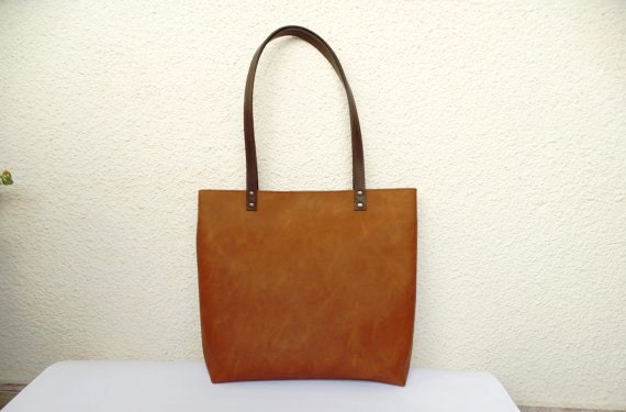 Cognac brown leather tote bag Vegan leather tote bag with