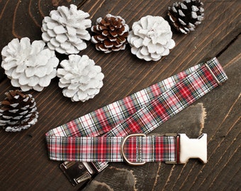 Plaid Christmas Dog Collar, Red white Plaid, Dog Lover Gift, Pet Collar, Dog Stocking Stuffer, Rescue Dog Collar, Puppy Collar, Female, Male