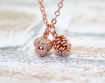 Rose Gold Necklace, Fall Jewelry, Gift for Her, Autumn Birthday, Fall Gift, Friend Gift, Gift for Her, Rose Gold Pine Cone, Rose Gold Acorn