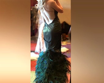 Peacock feathers backless hi-low evening gown, unique dress for petite girl with sophisticated taste and curvy body for special ocasion