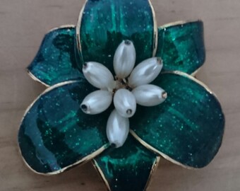 Vintage green enamel and pearl flower brooch