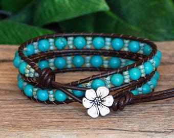 Beaded Leather Double Wrap Bracelet, Turquoise Stone and Brown Leather Wrap, Howlite and Miyuki Seed Bead Bracelet, Bohemian Bracelet