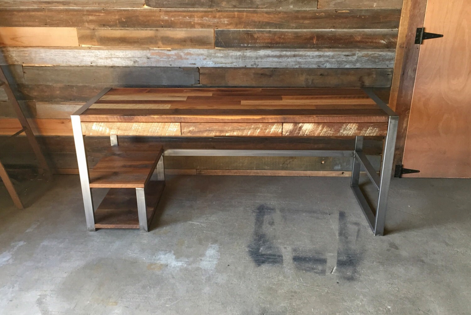 Reclaimed Wood Desk with Industrial Metal Base and Patchwork