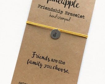 Friendship Bracelet PINEAPPLE Hand Stamped silver disc ~ Waxed Cotton Cord ~ Friends are the family you choose ~ adjustable choose a color