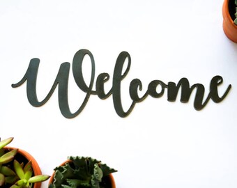 Welcome Metal Sign, Metal Wall Art, Wedding Gift, Inspirational, Metal Word, Rustic Word Art Sign, Cursive Word, Greetings, Welcome