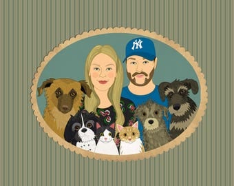 Couples portrait with more than 2 pets. Custom family portrait with pets. Gift for couples. Gift for animal lovers.