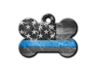 Back the Blue,Thin Blue Line pet Tag,Dog Id Tag,Police Pet Tag,Distressed Flag,metal Dog Tags,Bone Tag, Blue Fox Gifts,PET_055
