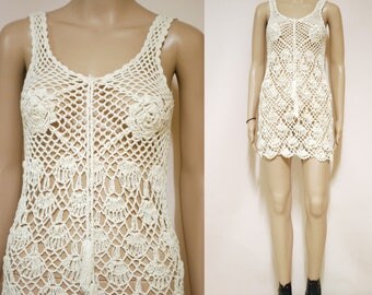 Vintage 90s Crochet Dress White Macrame Hippie Boho See Through Sheer Mini Short Length Festival 1990s Vtg Size XXS-XS