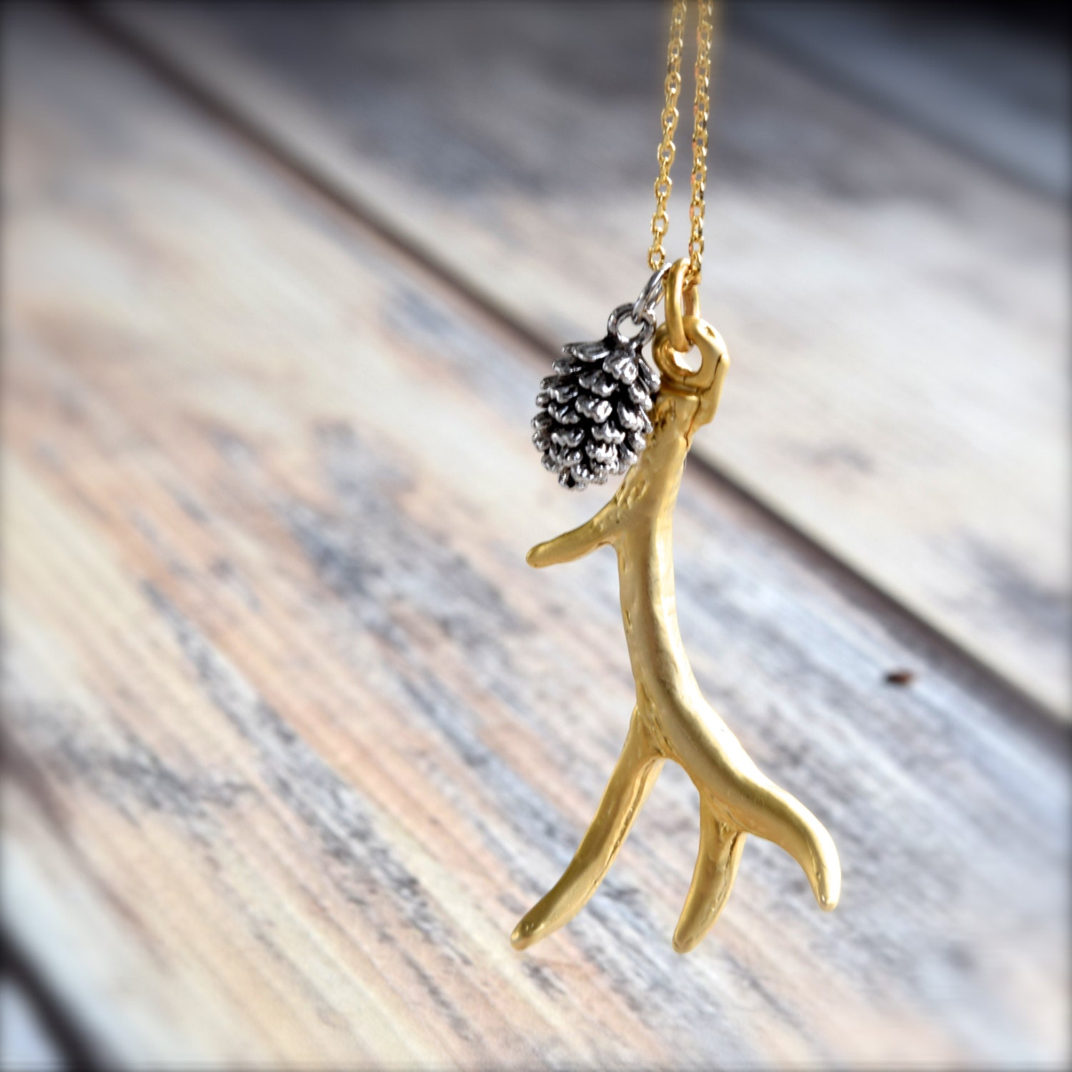 Antler Necklace, Branch Necklace, Long Gold Necklace, Gold Layering Necklace, Sweet Silver Pinecone, Woodland Necklace